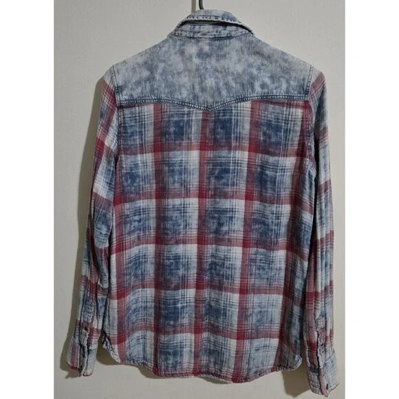 Pull & Bear Women's Small Plaid Western Button Up Flannel Lined Shirt Top Denim - Picture 13 of 16